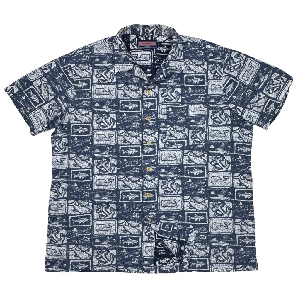 Vineyard Vines Button Up Shirt Nautical Whale Print Mens Large Blue Anchor Beach